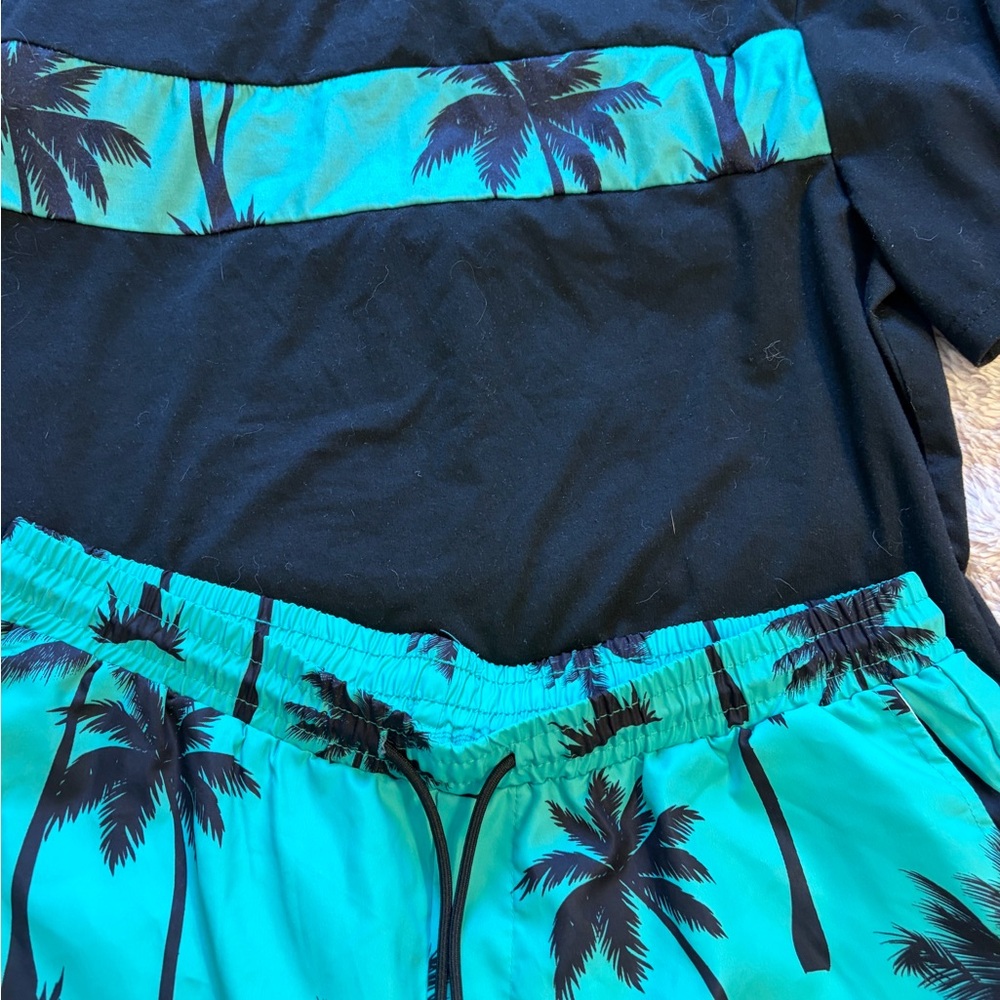SHEIN Turquoise Palm Print Swim Trunks and Matching Shirt SET with Black Accents